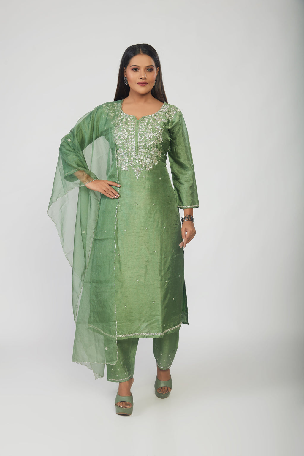 Green Embroidered Straight Kurta Set with Dupatta