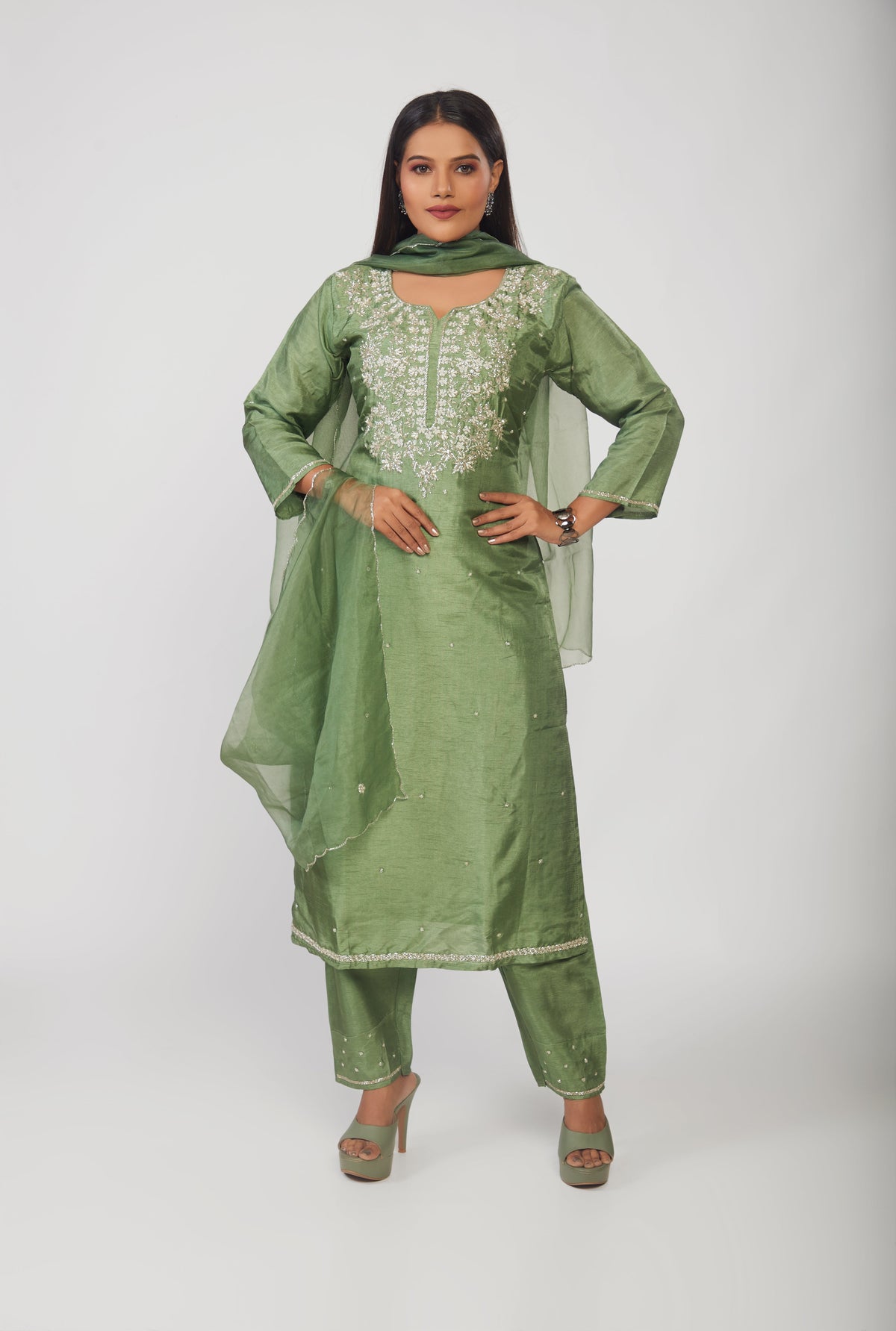 Green Embroidered Straight Kurta Set with Dupatta