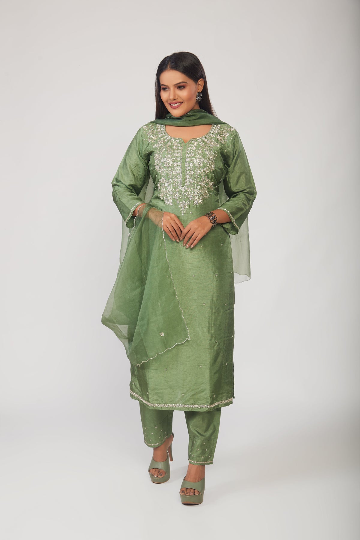 Green Embroidered Straight Kurta Set with Dupatta