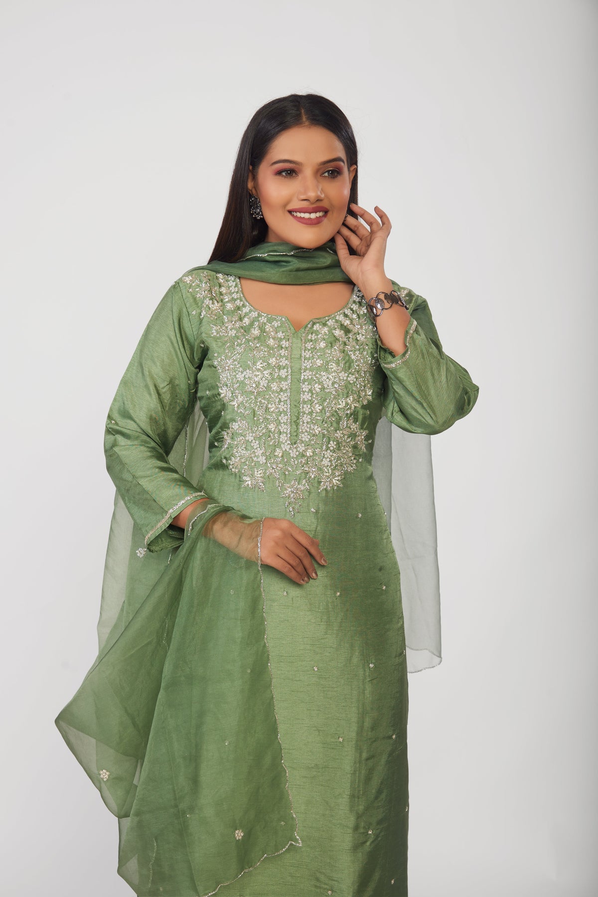 Green Embroidered Straight Kurta Set with Dupatta