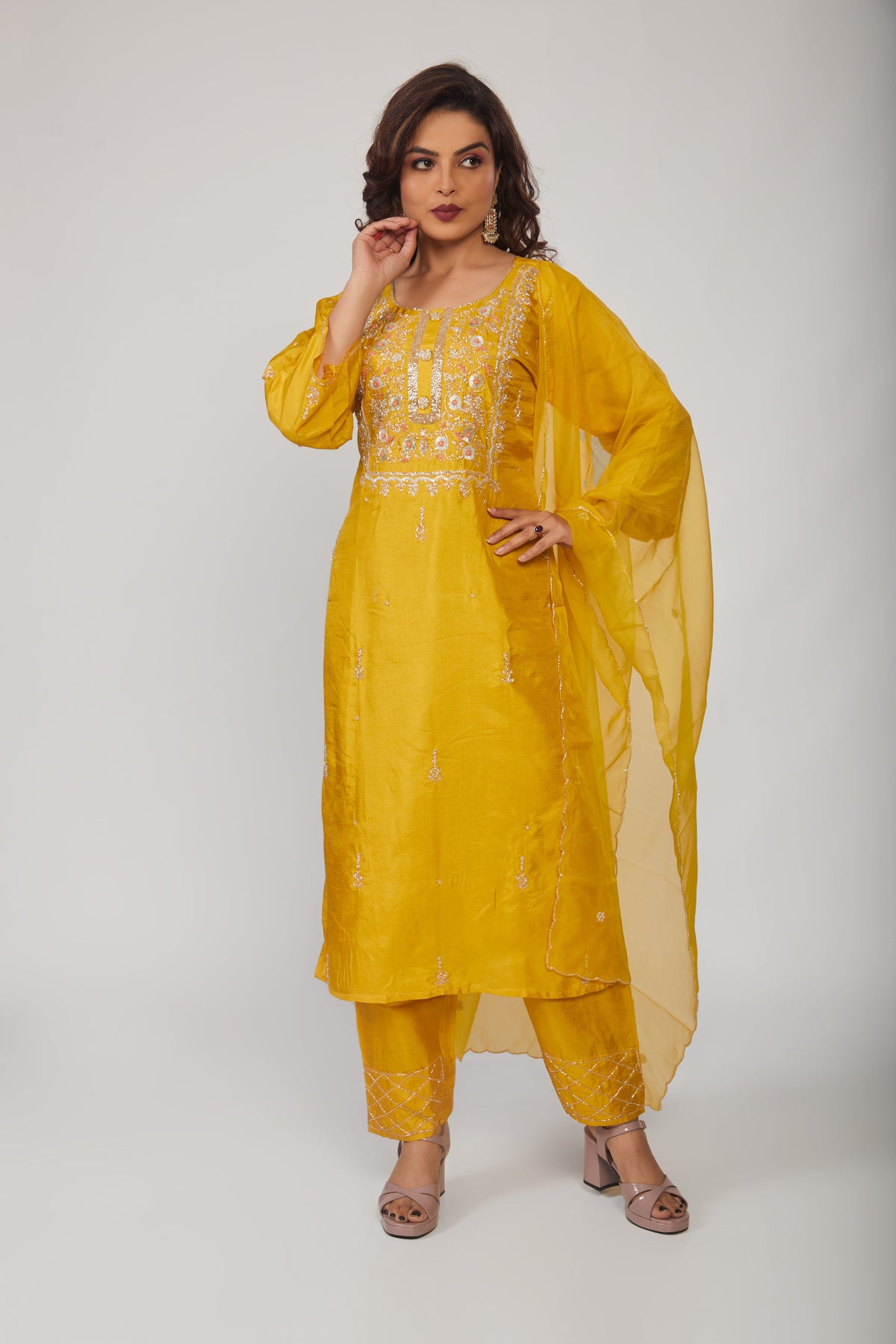 Yellow Embroidered Kurta Trouser Pant Dupatta Set