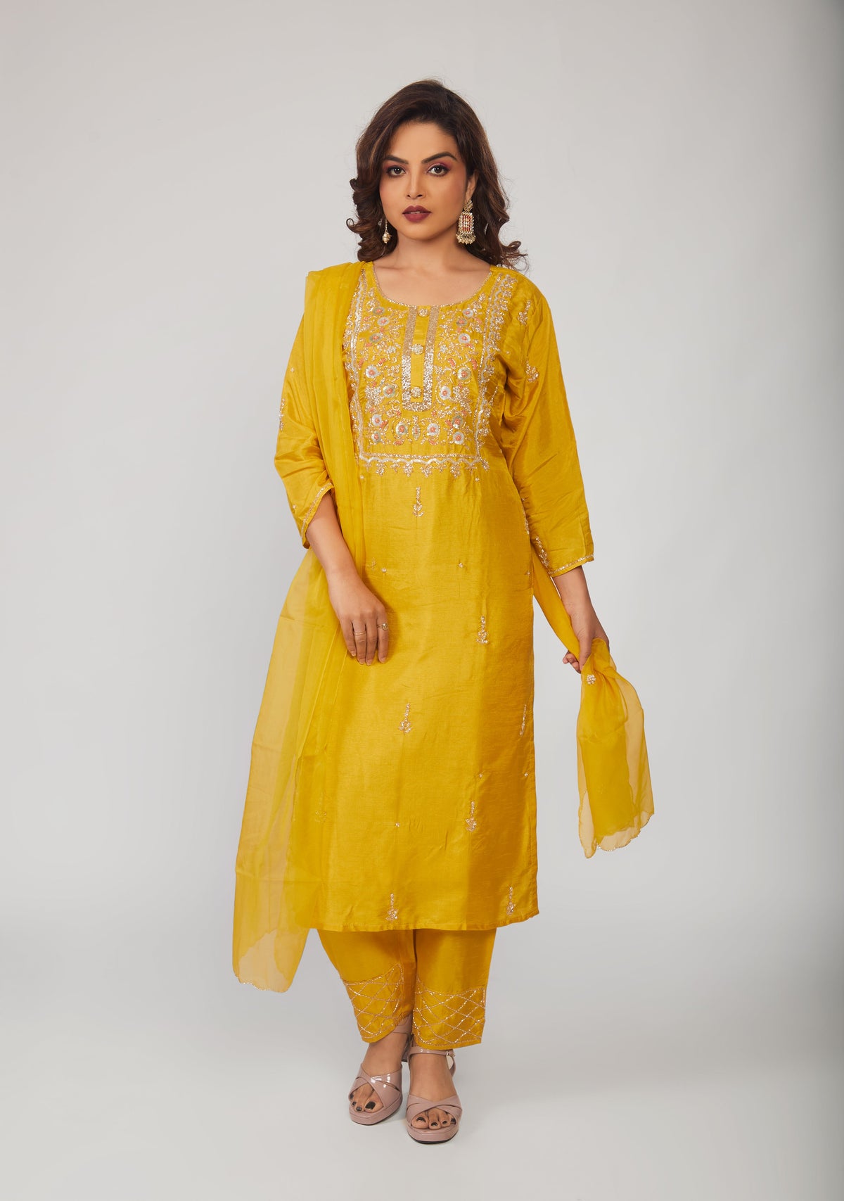 Yellow Embroidered Kurta Trouser Pant Dupatta Set