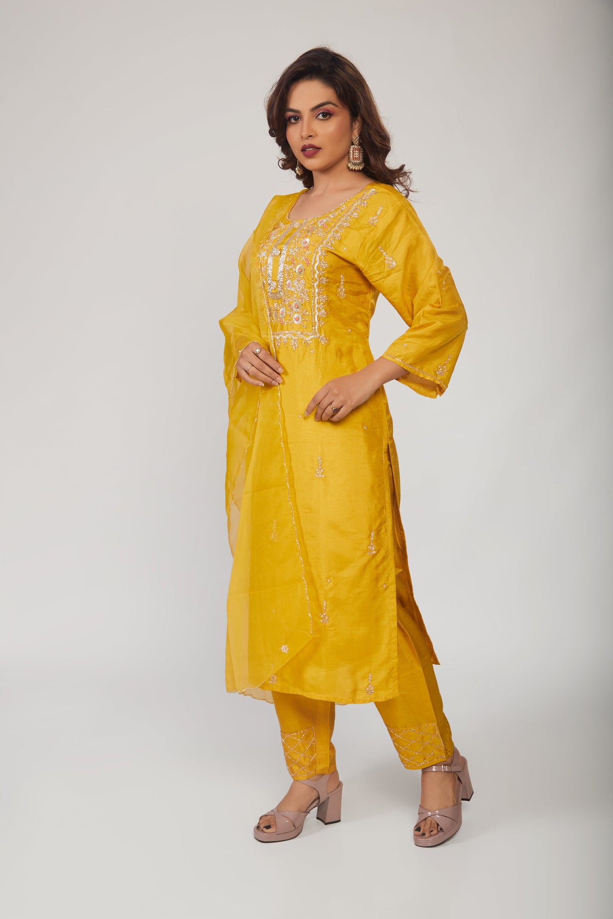 Yellow Embroidered Kurta Trouser Pant Dupatta Set