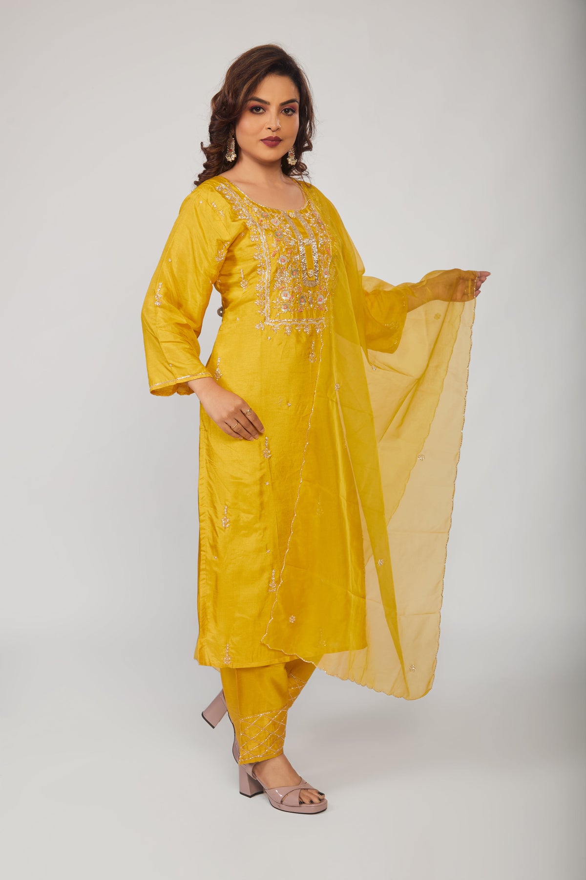 Yellow Embroidered Kurta Trouser Pant Dupatta Set